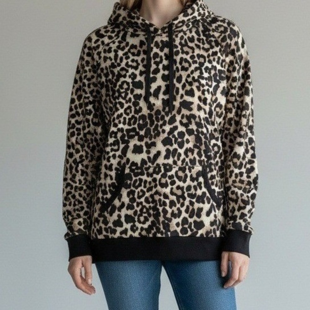 Lildy Womens Leopard Print Super Soft Hoodie Kangaroo Pocket Brown Black S-M